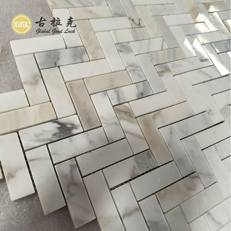 High Quality Herringbone Stone Calacatta Gold Marble Mosaic Tile