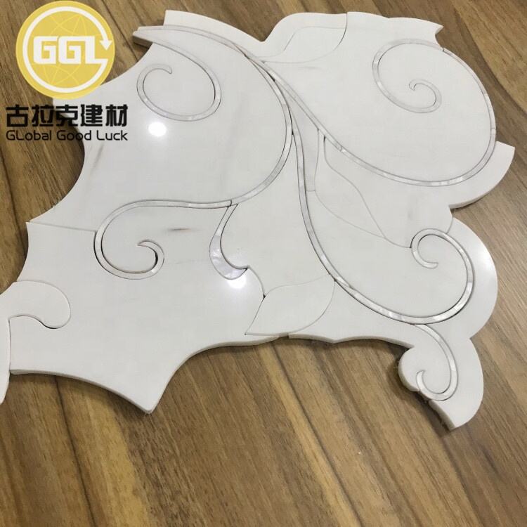 Interior Decoration Flower Marble Shape Mix Shell Pattern Waterjet Mosaic Tile