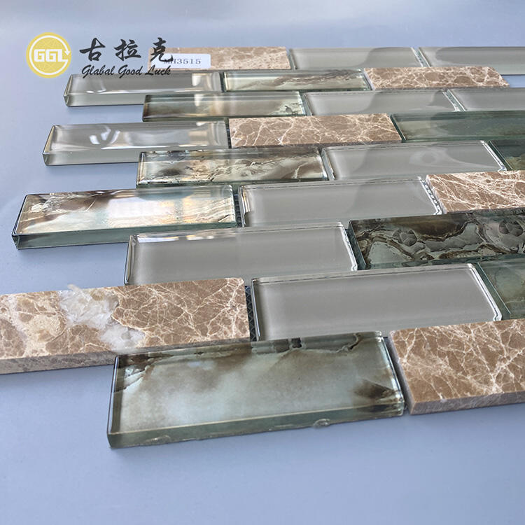 Natural Marble Mix Glass Crystal Strip Shape Glass Mosaic Kitchen Wall Tile