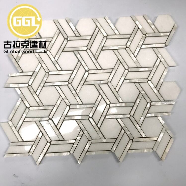 Thassos White Marble Inlay Shell Waterjet Mosaic Tile 