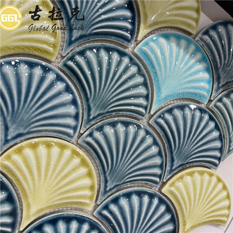 Fan Shape Ceramic Mosaic Tile Shell Design Blue Yellow Mosaic Tile