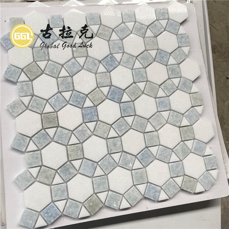 Thassos White Mix Blue Marble Hexagon Parquet Feature Marble Mosaic For Floor and Wall Tiles