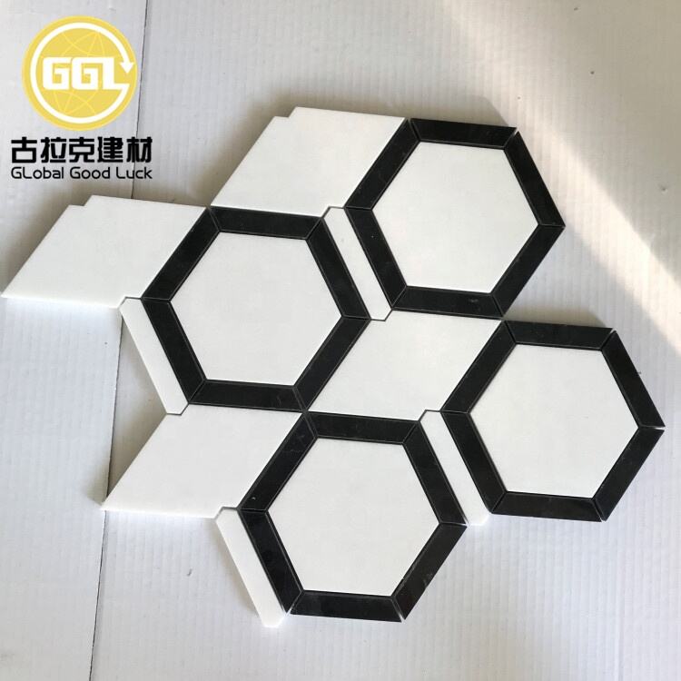 Hexagonal Black Edge Pure White Marble Mosaic Tile for Bathroom or Toilet