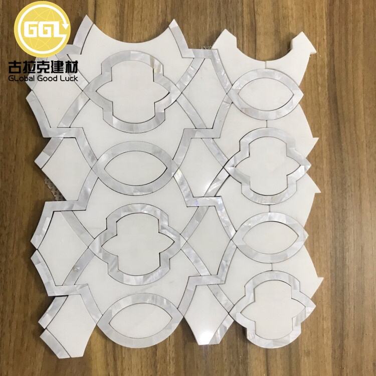  Polished Dolomite White Mix Marble Inlay Shell Waterjet Marble Mosaic Tile