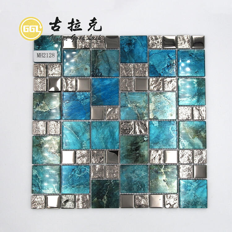 Crystal Glass Blend Stainless Steel Glossy Square Glass Mosaic Tile Wall Decor