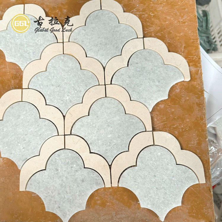 Fan Shape Marble Parquet Feature Waterjet Mosaic Tile Wall Decoration