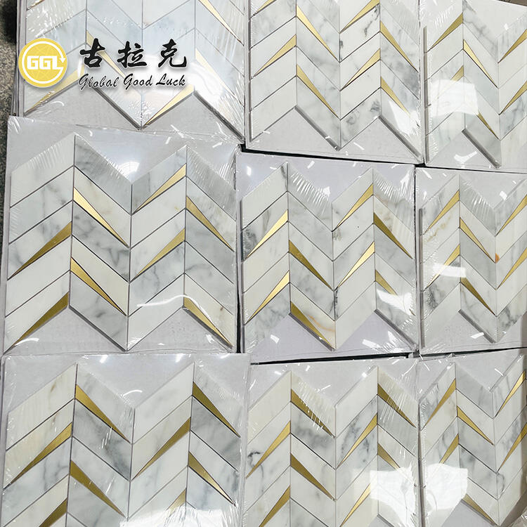 Calacatta Gold Marmur Gemengde Brass Chevron Mozaïek Mozaïek Tegel