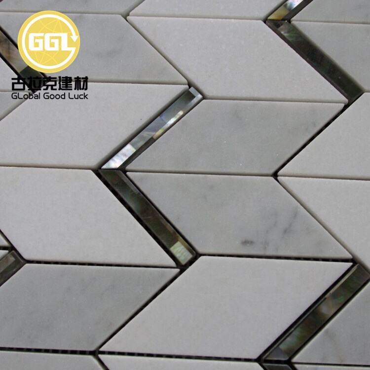 White Chevron Marble Inlay Black Shell Waterjet Mosaic For Wall Tiles