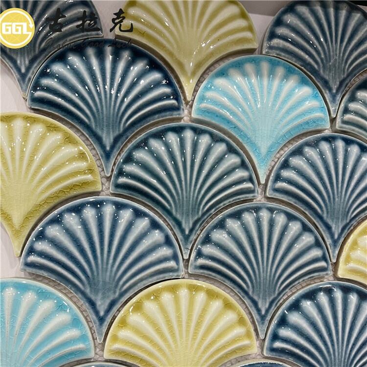 Fan Shape Ceramic Mosaic Tile Shell Design Blue Yellow Mosaic Tile