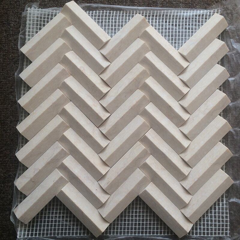 3D Crema Marfil Herringbone Shape Marble Mosaic For Wall Tiles