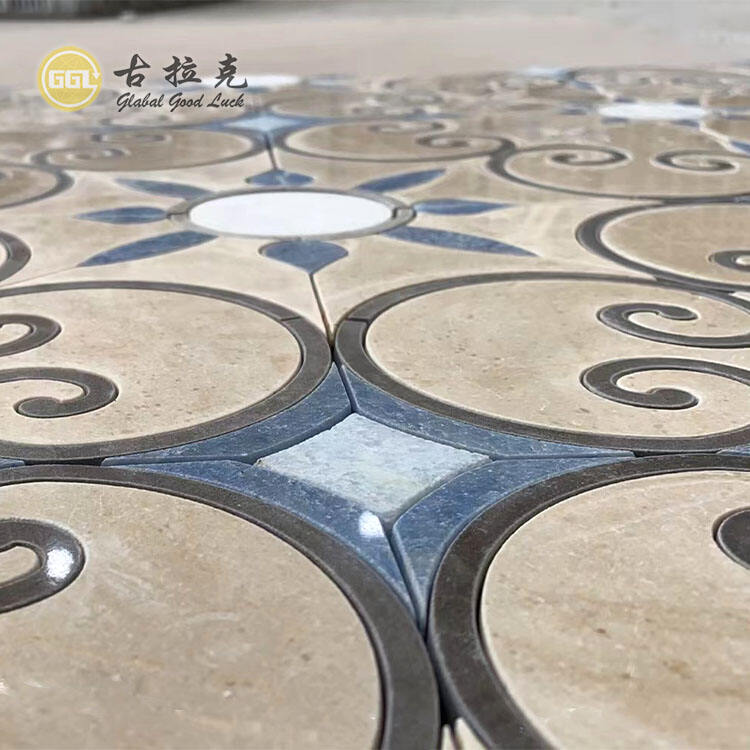 Flower Design Marble Mosaic Tile Blue Beige Stone Tile for Villa Home Decoration