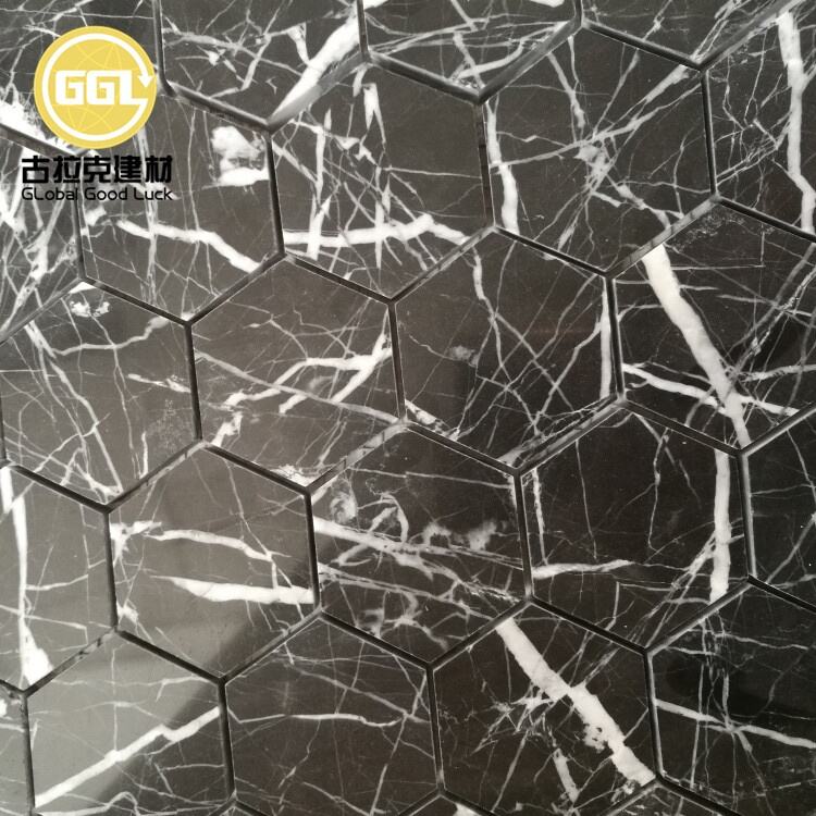 Nero Marquina Marble Hexagon Mosaic Wall And Flooring Tile