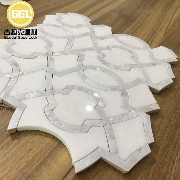  Polished Dolomite White Mix Marble Inlay Shell Waterjet Marble Mosaic Tile