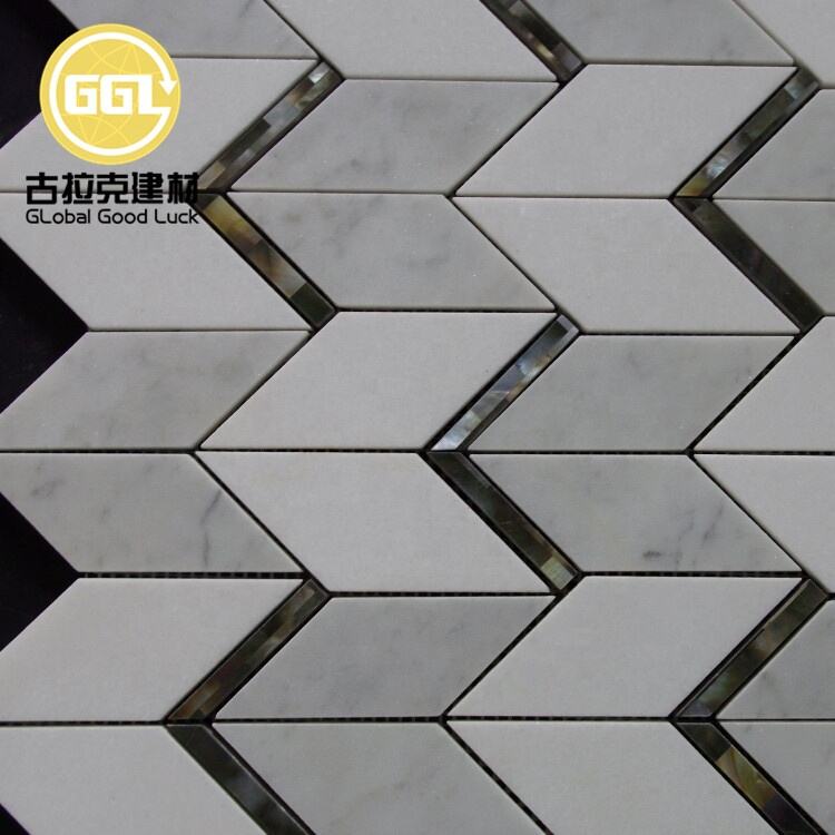 White Chevron Marble Inlay Black Shell Waterjet Mosaic For Wall Tiles