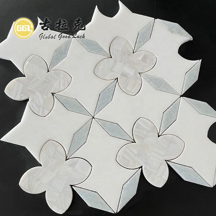 Water Jet Marble Mix Shell Flower Design Mosaic Tile Villa Kitchen Wall Background Tile