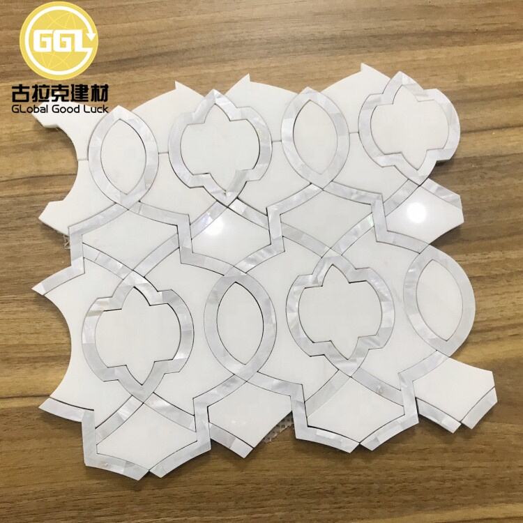  Polished Dolomite White Mix Marble Inlay Shell Waterjet Marble Mosaic Tile