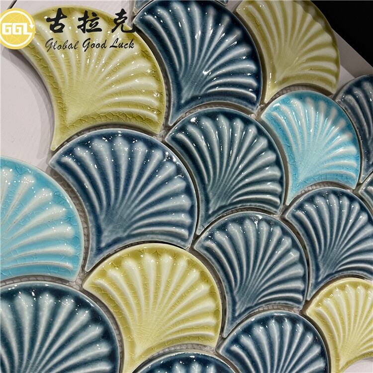 Fan Shape Ceramic Mosaic Tile Shell Design Blue Yellow Mosaic Tile