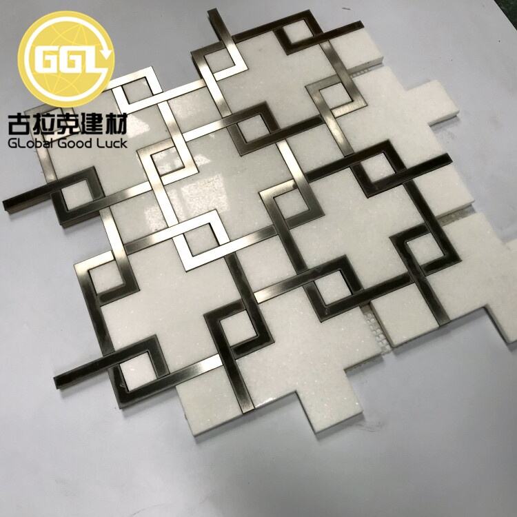 Polished White Marble Mix Stainless Steel Waterjet Mosaic Tile