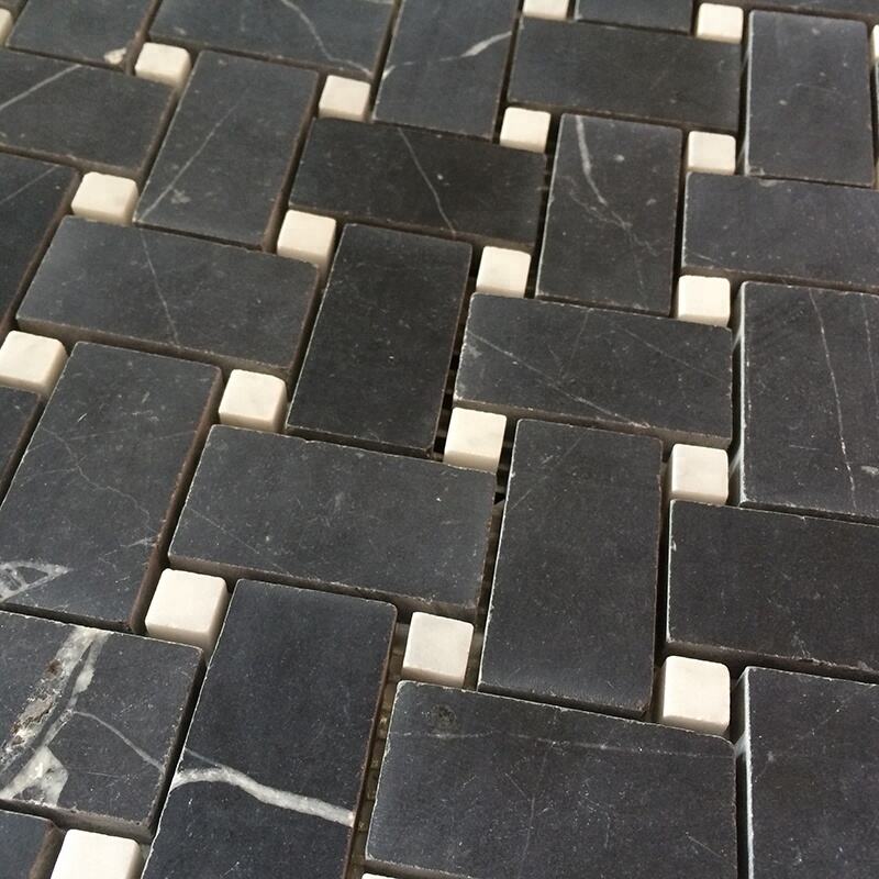 Natural Black with Beige Dots Marble Baskweave Marble Mosaic Tile