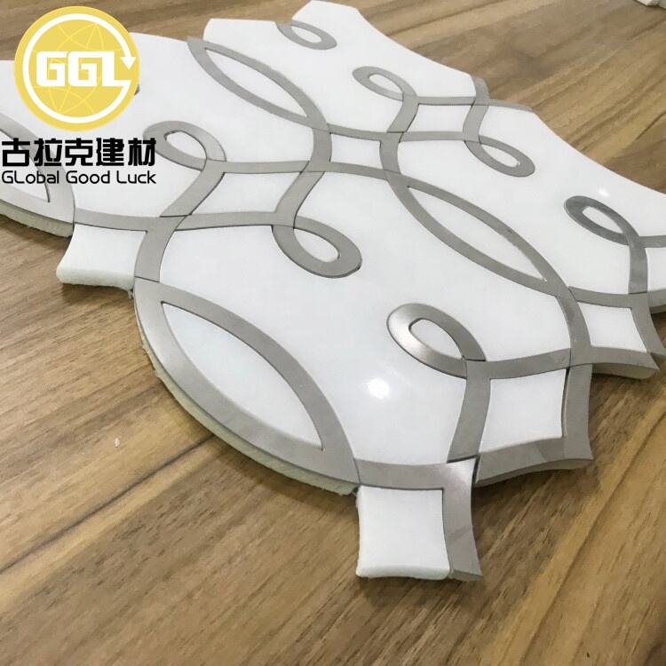 Unique Shape Marble Mix  Stainless Steel Waterjet Mosaic Tile