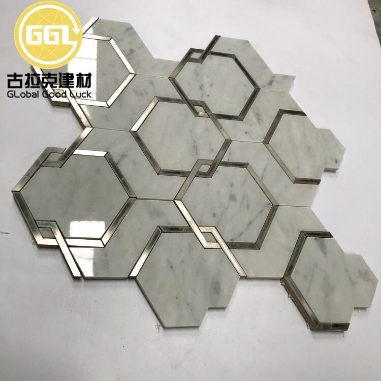 Hexagon Shape White Marble Waterjet Mosaic Tile Mix Stainless Steel Mosaic Tile