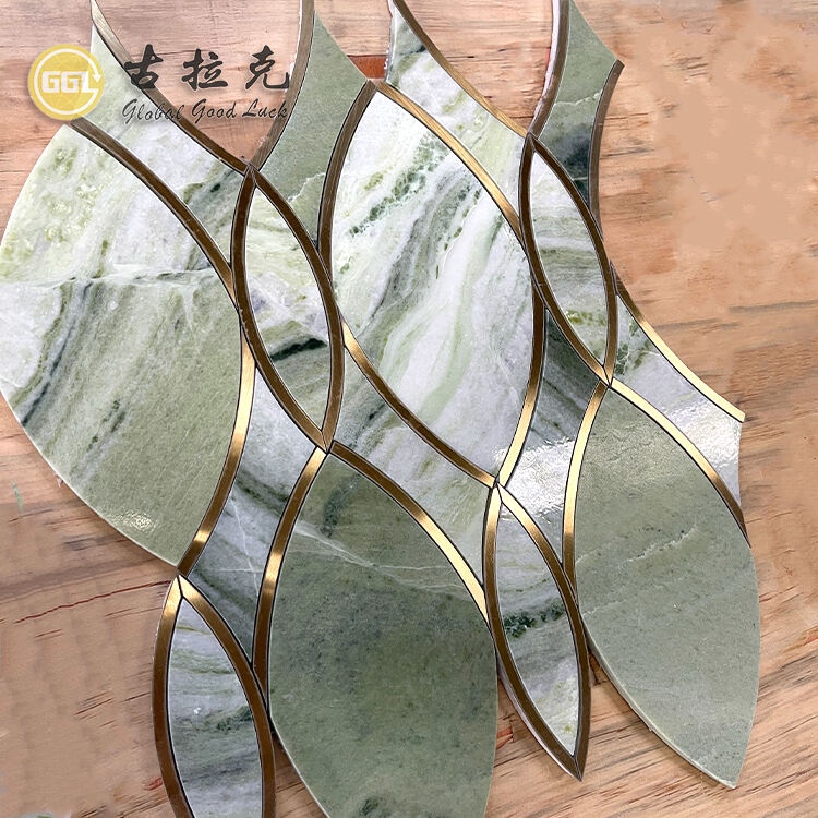 Natural Green Marble Waterjet Mosaic Tile Inlay With Brass Luxury Design