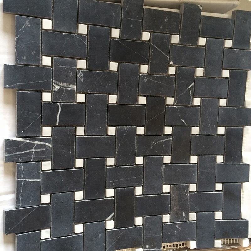 Natural Black with Beige Dots Marble Baskweave Marble Mosaic Tile