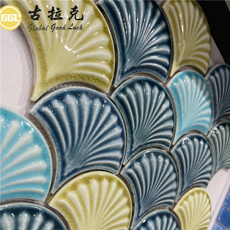 Fan Shape Ceramic Mosaic Tile Shell Design Blue Yellow Mosaic Tile