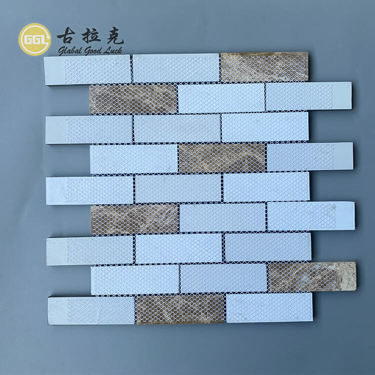 Natural Marble Mix Glass Crystal Strip Shape Glass Mosaic Kitchen Wall Tile