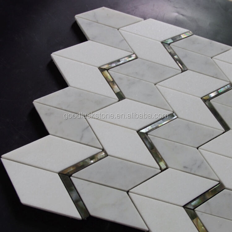 White Chevron Marble Inlay Black Shell Waterjet Mosaic For Wall Tiles