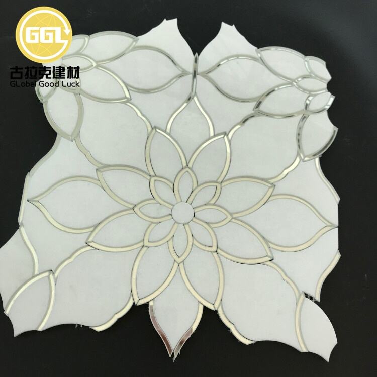 Antique Mirror Style Mosaic Tile Wateriet Glass and Carrara Marble Flower Pattern Mosaic Tile