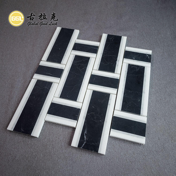 Basketweave Shape Black White Mosaic Interior Tile Home Decor Marble