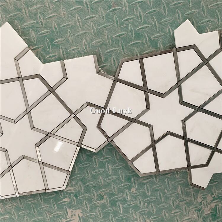 Stainless Steel Inlay Hexagon Mosaic Tile Marble Waterjet Tile for Home Decor
