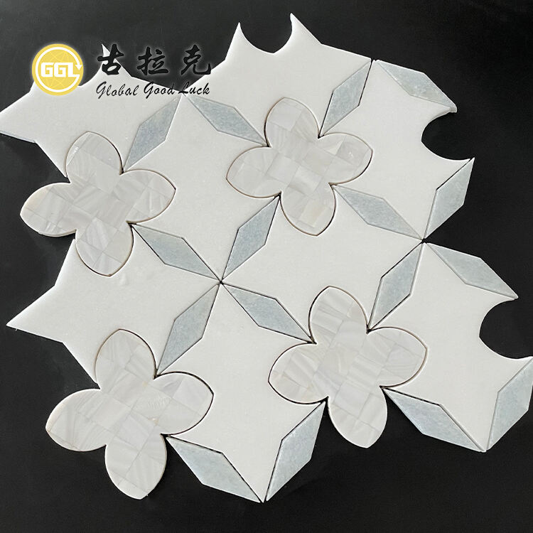 Water Jet Marble Mix Shell Flower Design Mosaic Tile Villa Kitchen Wall Background Tile