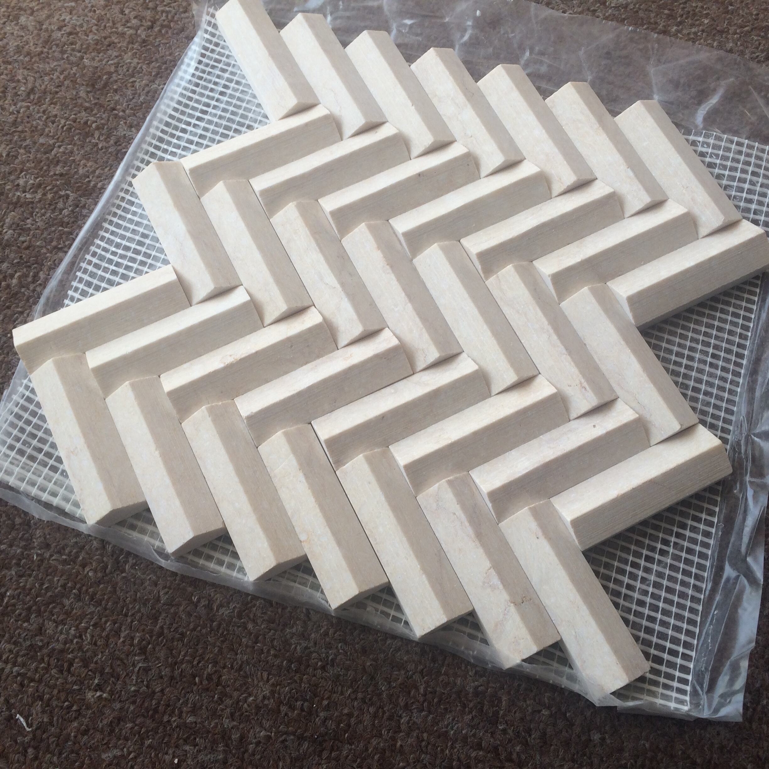 3D Crema Marfil Herringbone Shape Marble Mosaic For Wall Tiles