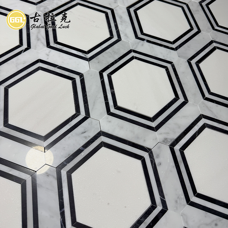 Hexagon Black White Marble Stone Mosaic Tile for Home Flooring Decor