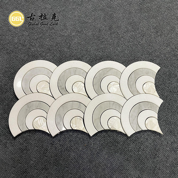 Marble Inlay With Shell Fan Shape Waterjet  Mosaic For Floor and Wall Tiles