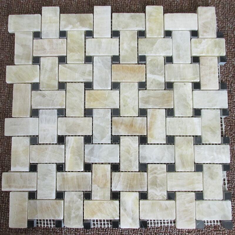 Honey Onyx Marble With Black Dots Basketweave Shape Mosaic Marble 