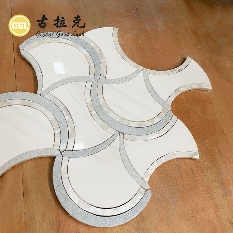 Home Decor White Fan Shape Water Jet Marble Mix Shell Mosaic Tile Interior Wall Backsplash Mosaic