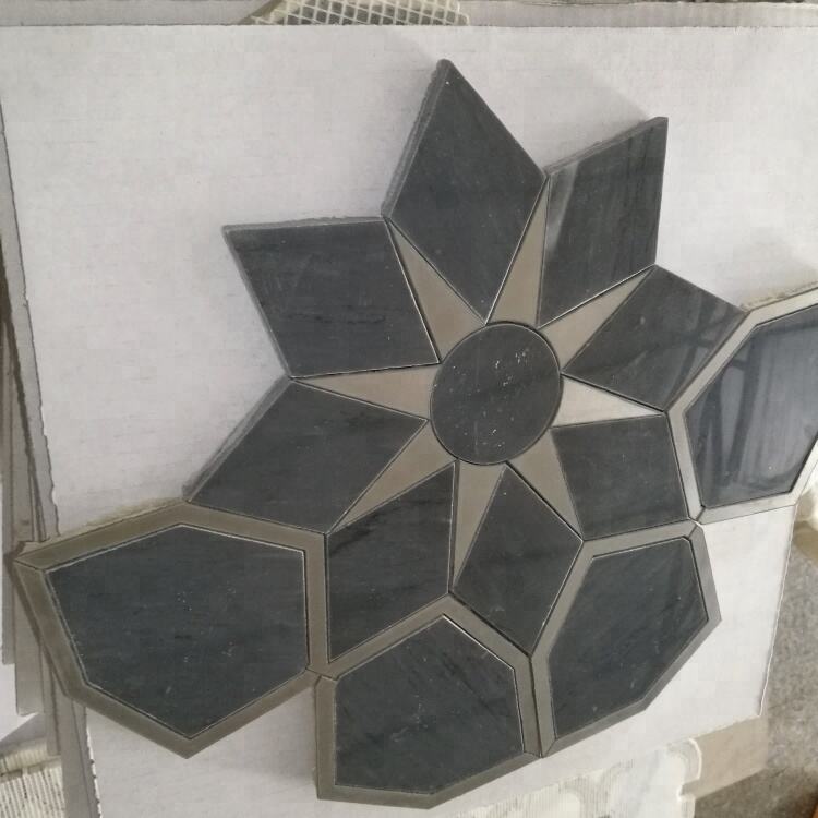 Sun Style Mosaic Tile Black Marble Mix Star Mirror Waterjet Pattern Tile