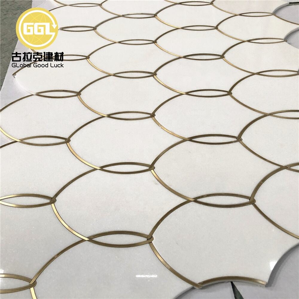 Thassos White Brass Edging Marble Irregular Waterjet Mosaic Tile Wall Flooring