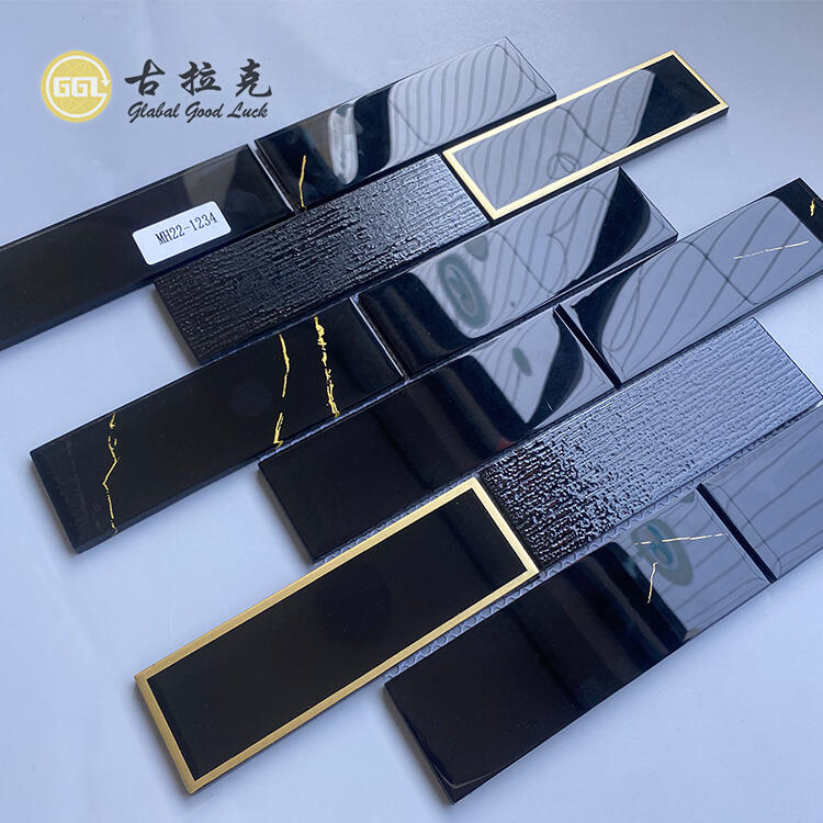 Pure Black Glass Mix Sliver&Gold Edged Glass Mosaic Tile For Wall