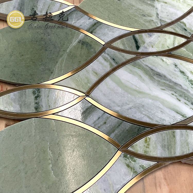 Natural Green Marble Waterjet Mosaic Tile Inlay With Brass Luxury Design