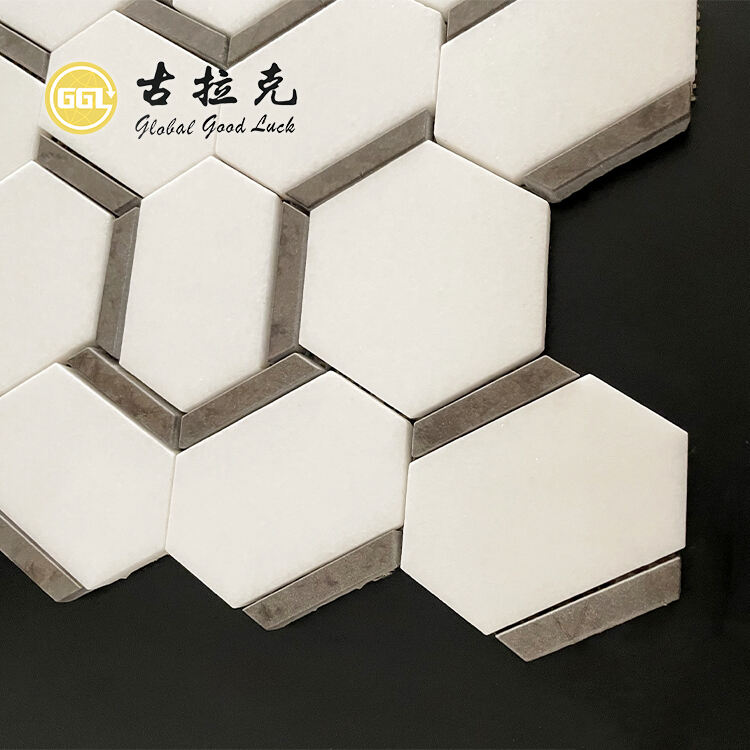 White Hexagon Marble Mosaic Tile with Brown Edge Stone Tile for Home Decor