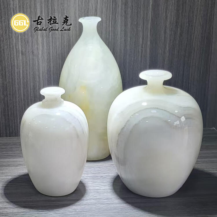 White Gold Natural Onyx Stone Container Flower Vase Design
