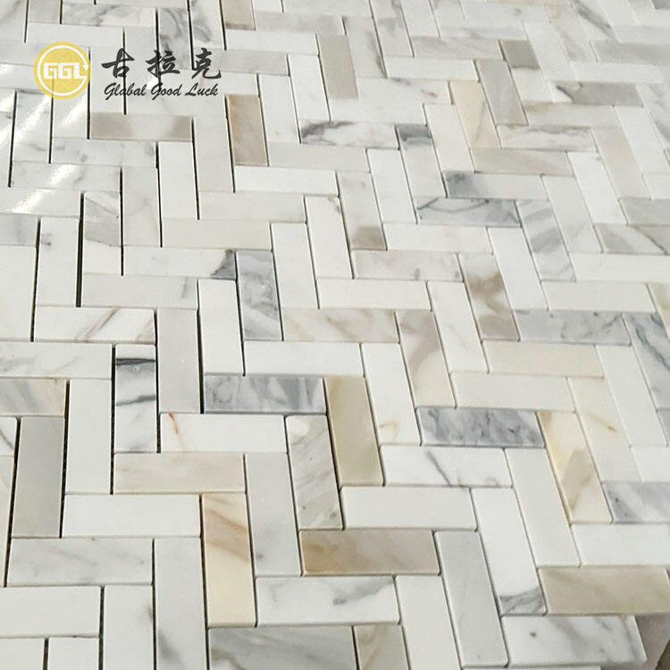 High Quality Herringbone Stone Calacatta Gold Marble Mosaic Tile