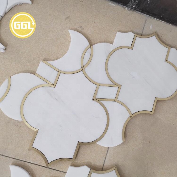 Lantern Shape Marble Waterjet Mosaic Inlay Brass For Wall Floor Tile