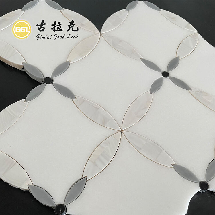 Flower Design Thassos White Marble Mix Shell Waterjet Mosaic Tile