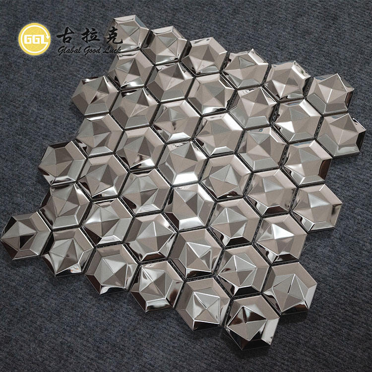 Glossy Surface Hexagonal Metal Mosaic 3D Effect Stainless Steel Decorative Wall Tiles