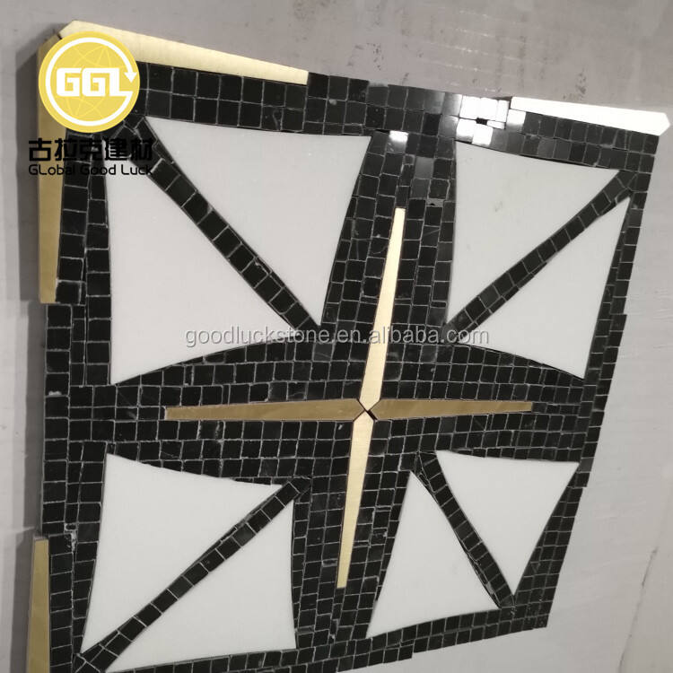 Natural White Marble Mix Black Inlay Brass Waterjet Mosaic Tile 